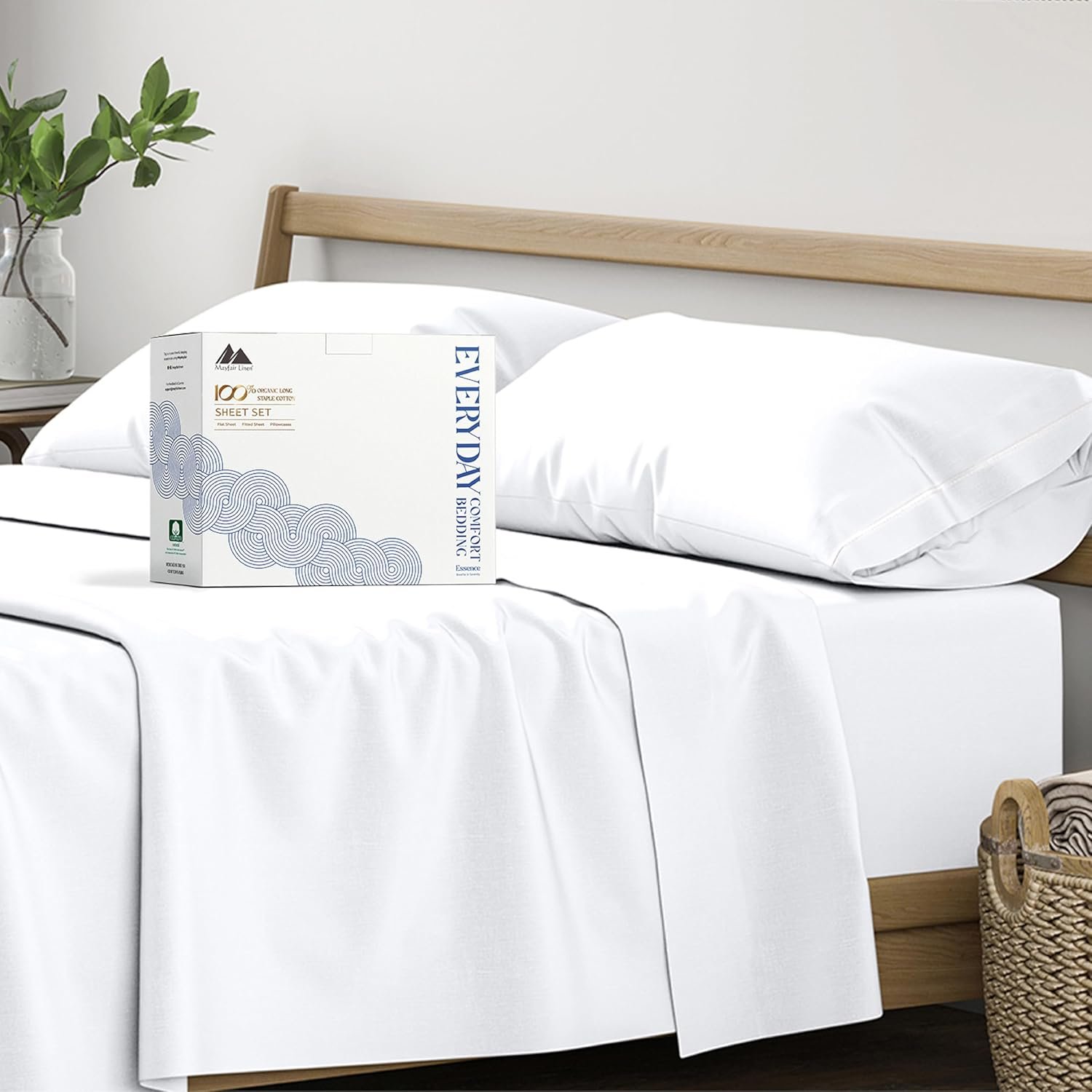 Mayfair Linen 100% Organic Cotton Sheets King Size – 4 PC White Organic Cotton Percale Sheets King Set, Soft, Cooling & Breathable Bedsheets, 16″ Deep Pocket Hotel Bedding Set – GOTS Certified