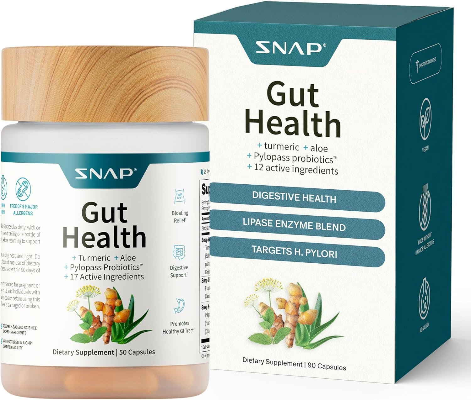 Snap Supplements Gut Health Lipase Supplement with Probiotics for Women & Men, Digestive Enzymes & Prebiotics – Turmeric, Aloe, Pylopass & Zinc, 50 Vegetarian Capsules