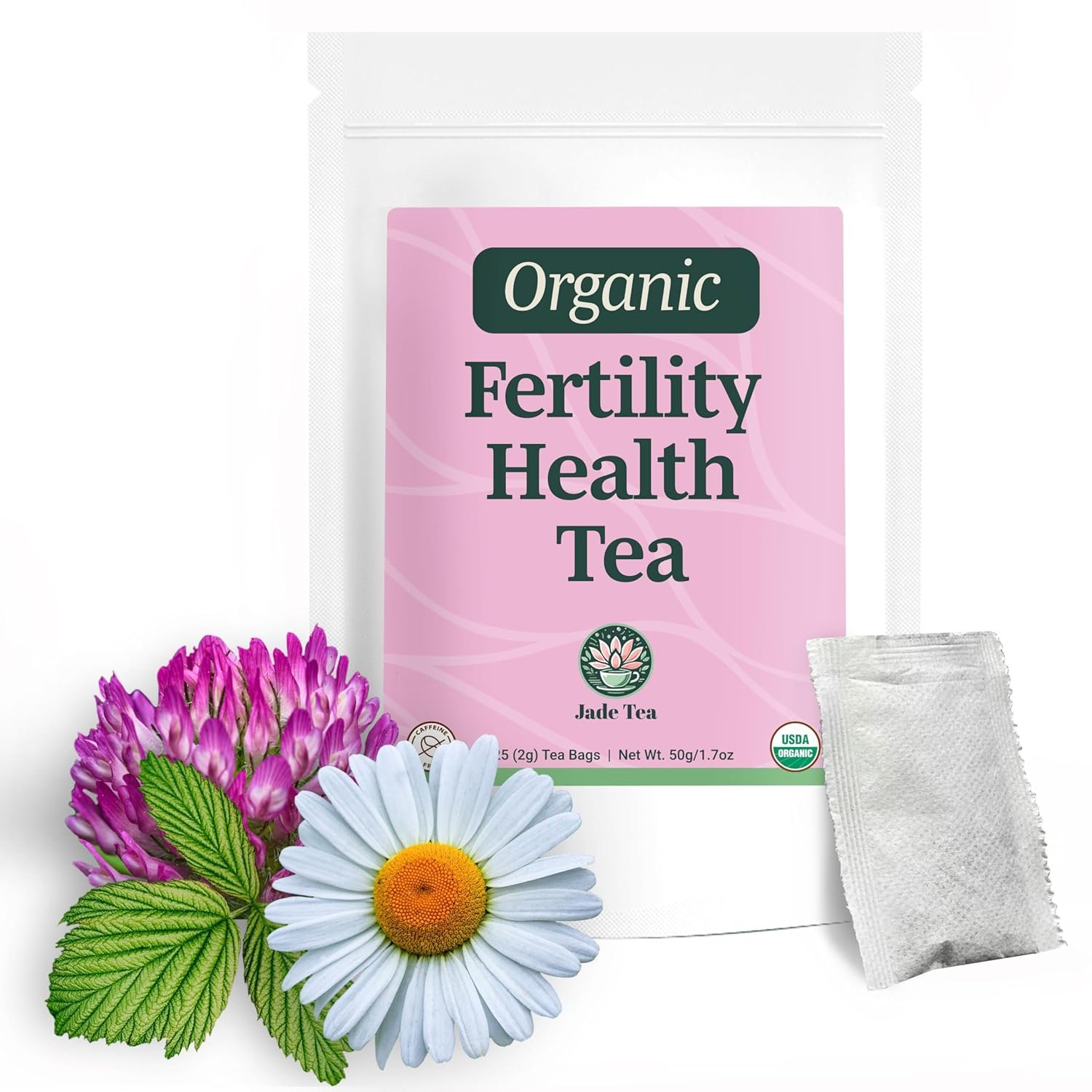 Jade Tea – Organic Women’s Fertility Tea, 2 in 1 Hormone Balance Tea & Period Pain Relief – Red Raspberry Leaf, Lady’s Mantle, Red Clover, Chamomile, & Damiana Leaf, Fair Trade USA – Made in USA