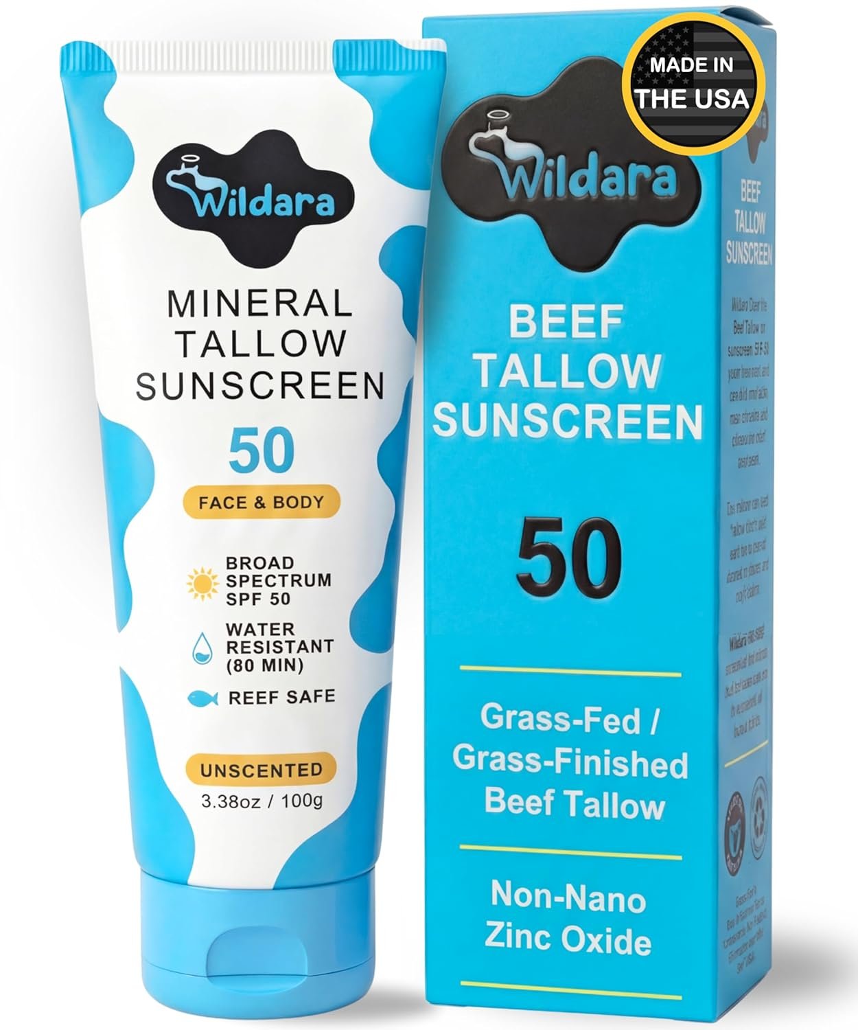 Beef Tallow Sunscreen SPF 50 – Mineral Sunscreen for Face & Body, Unscented, Reef Safe Sunscreen Lotion, Water Resistant, Zinc Oxide, Made in USA