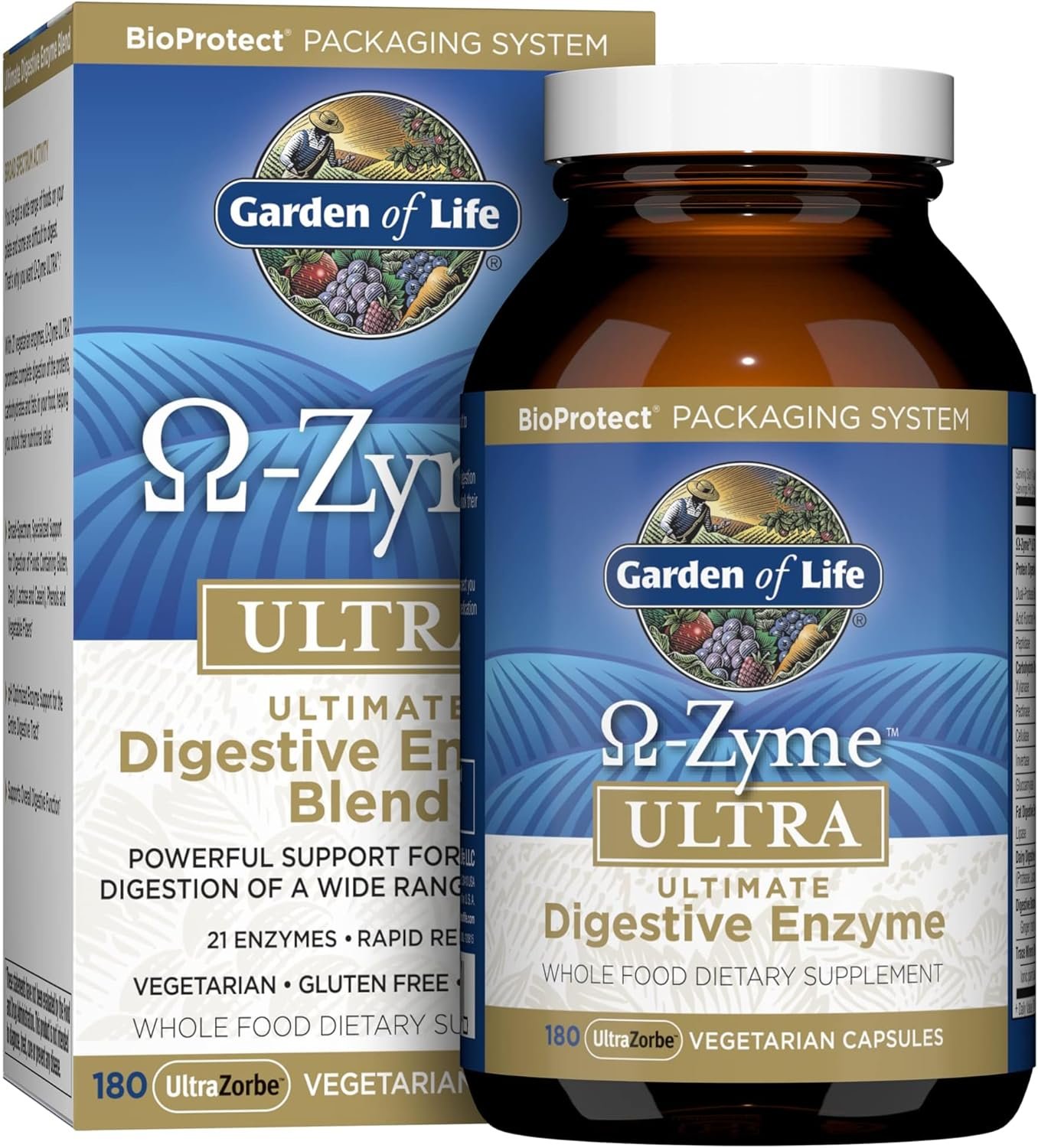 Garden of Life 21 Powerful Digestive Enzymes with Papain, Bromelain, Lipase, Ginger, Turmeric for Complete Digestion of Protein, Carbs & Fats – Omega-Zyme ULTRA, Gluten-Free, Vegetarian, 180 Capsules