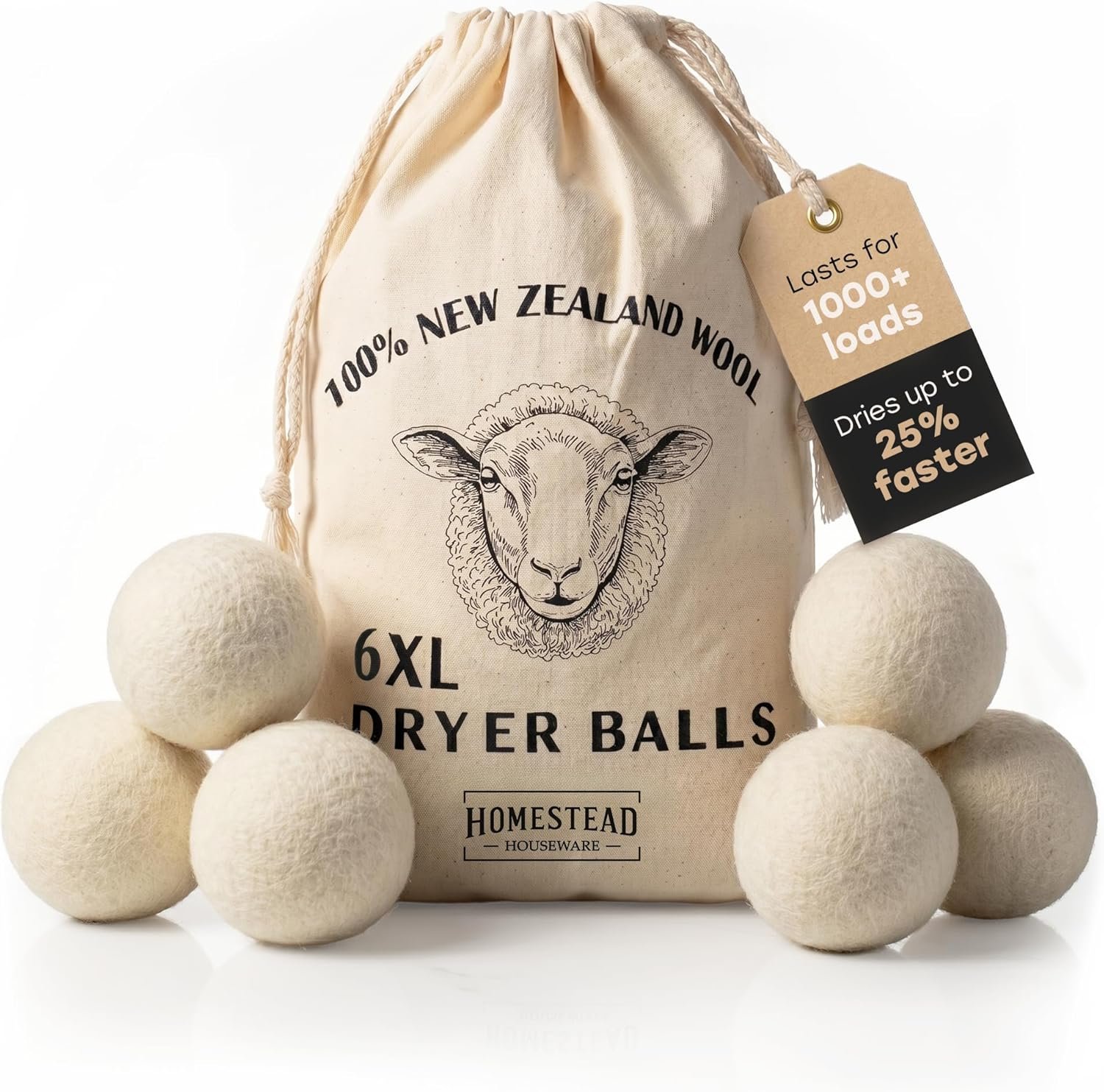 XL Wool Dryer Balls 6-Pack – 100% New Zealand Wool, Natural Fabric Softener & Static Reducer, Reusable Laundry Balls for Pet Hair, Eco-Friendly Dryer Sheets Alternative