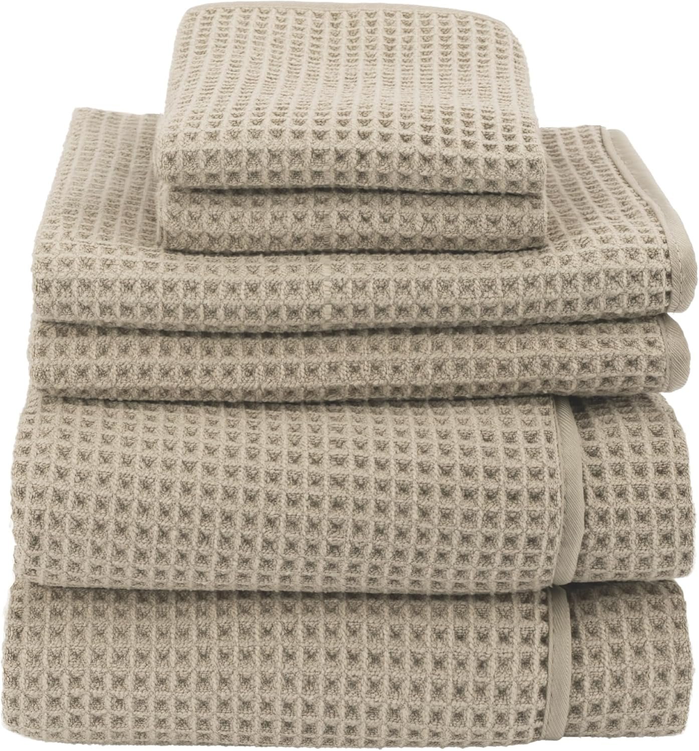 S&T INC. Aura Microfiber Waffle Towel Set, 6 Piece Set, Quick-Dry, Lightweight Bath Towels, Wash Cloths and Hand Towels for Bathroom, Kitchen, and Home, 420 GSM, Beige