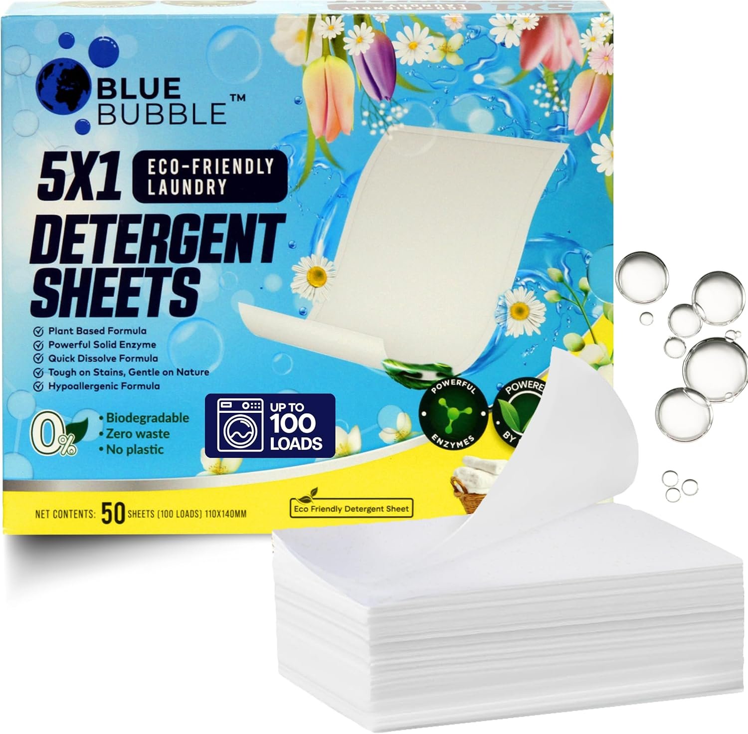 Laundry Detergent Sheets – Travel Laundry, Eco Friendly Detergent, Lightweight Dissolvable Washer Sheets for Fresh & Clean Clothes, Zero Waste Laundry Soap Sheet Up to 100 Loads By Blue Bubble