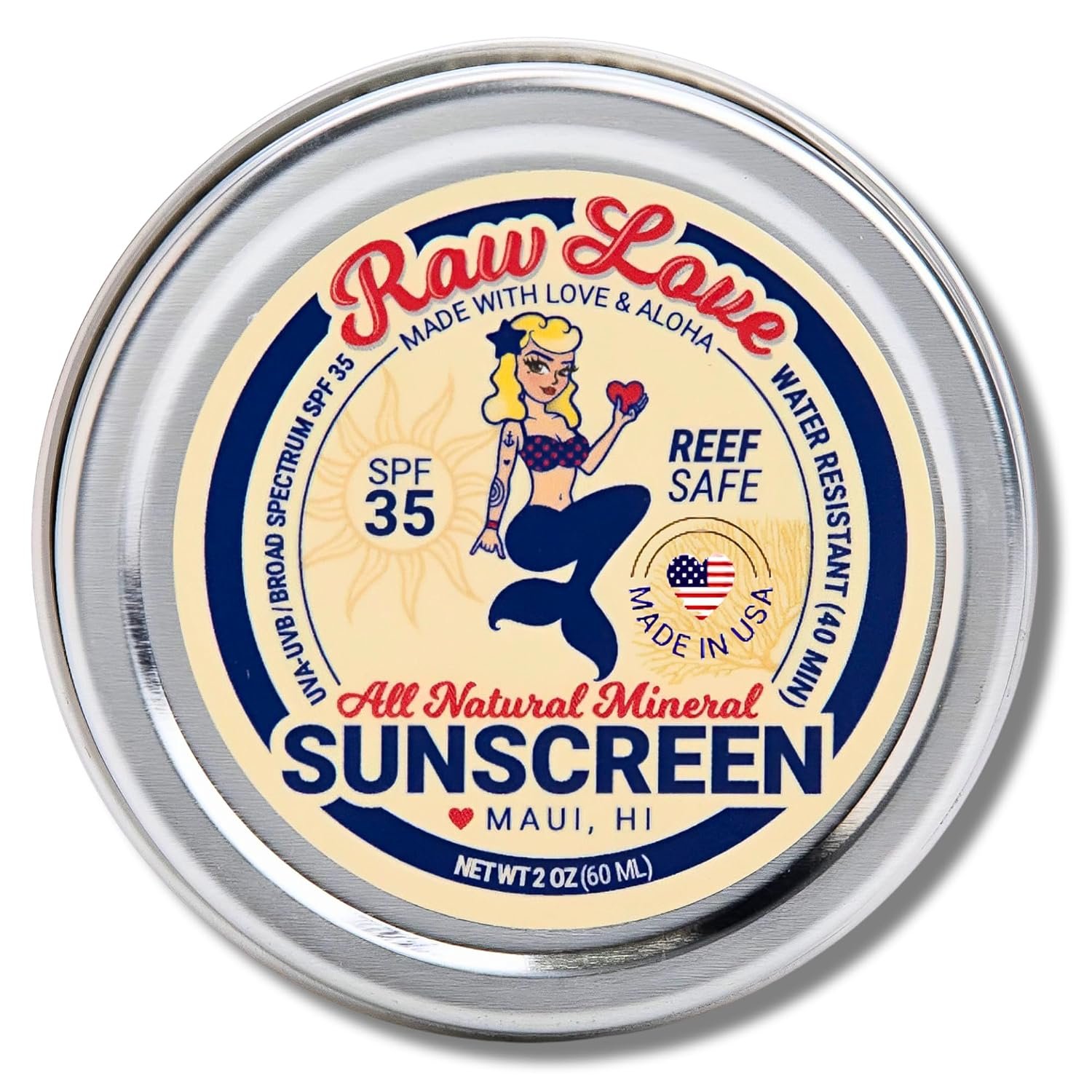 Raw Love Reef Safe Sunscreen SPF 30 + 5 (35) for Face & Body, Mexico & Hawaii 104 Reef Act Approved Biodegradable Sun Screen Travel Size, Water Resistant, Natural, 98% Organic Mineral Zinc Oxide, 2 Oz