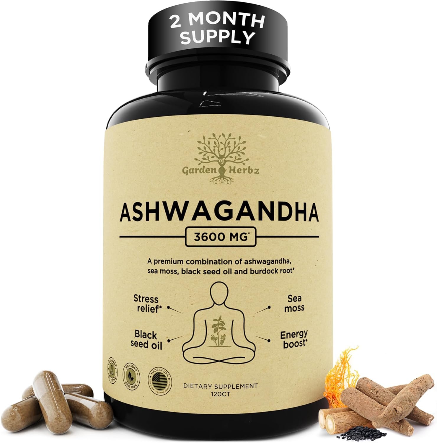 Organic Ashwagandha Capsules for Women and Men 3600 mg – Sea Moss, Black Seed Oil, Burdock Root – Stress, Mood, Energy & Sleep Support Supplement, 2 Month Supply, Vegan, Non-GMO