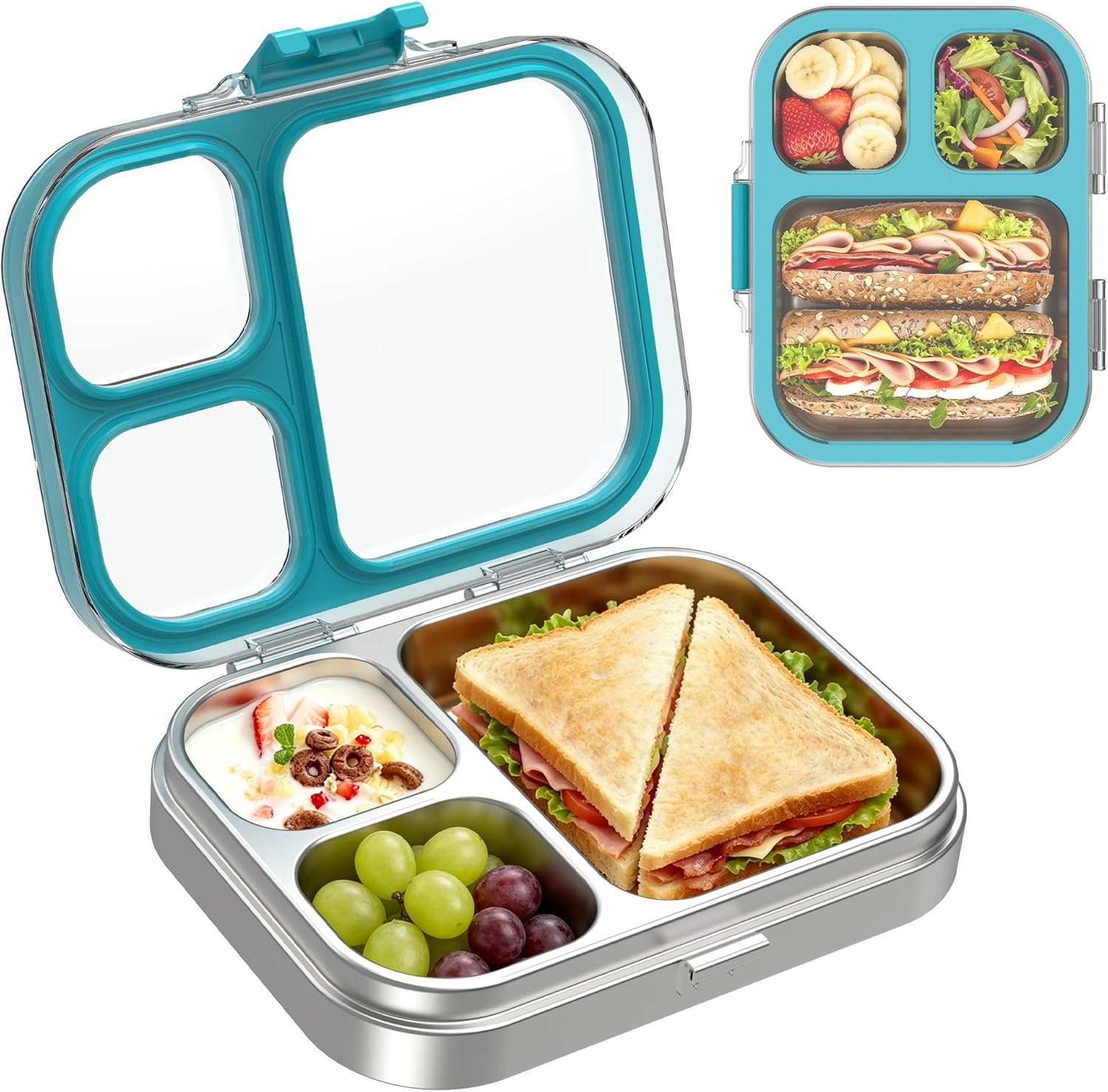 LOHASOK Kids Stainless Steel Lunch Bento Box BPA-Free Leak-Proof Tritan Lid 304 Metal Food Container with 3 Compartments for Girls Boys School Blue