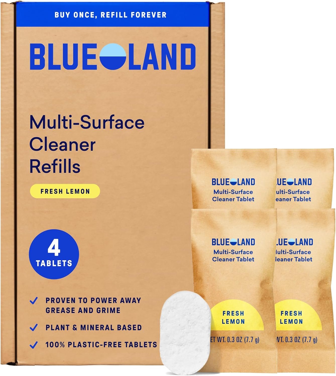 BLUELAND Multi-surface Cleaner, 4-Pack Refill, Fresh Lemon Scent, All-Purpose, Eco-Friendly Cleaning Supplies, 4 x 24 Fl oz