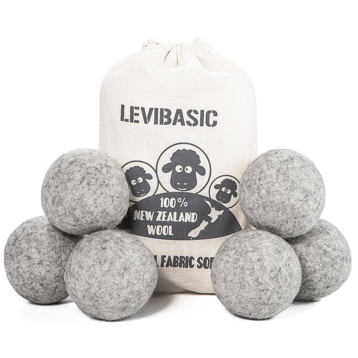 Wool Dryer Balls 6 Pack XL, Genuine New Zealand Wool to Core, 100% Organic Fabric Softener Alternative, Baby Safe & Chemical Free, Reduce Wrinkles & Shorten Drying Time (Grey-6pcs)