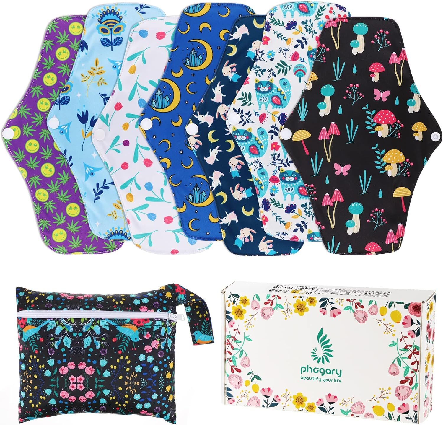 PHOGARY Reusable Menstrual Pads, Bamboo Cloth Pads for Heavy Flow with Wet Bag, Large Sanitary Pad Set with Wings for Women, Washable Overnight Cloth Panty Liners Period(7 in 1, Style G)