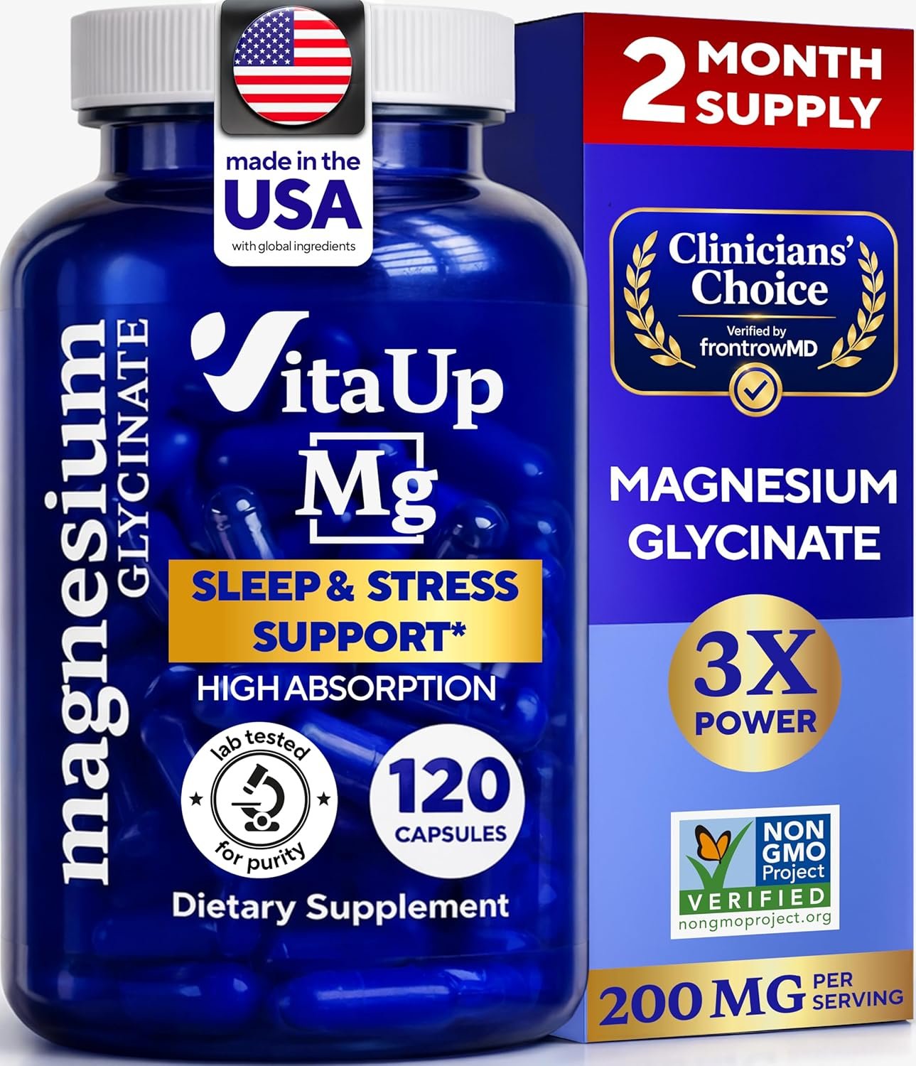 VitaUp Magnesium Glycinate 200mg – USA Made, Highly Absorbed, Non-GMO Magnesium for Relaxation, Deep Sleep, Bones & Heart – 200mg per Serving, 120 Vegan Capsules