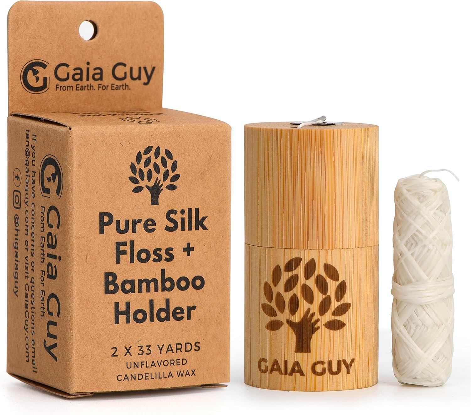 Gaia Guy Natural Unflavored Silk Dental Floss with Floss Refill & Reusable Bamboo Holder | 2 x 33yds Compostable Pure Silk Waxed with Candelilla Wax | Plastic-Free Packaging