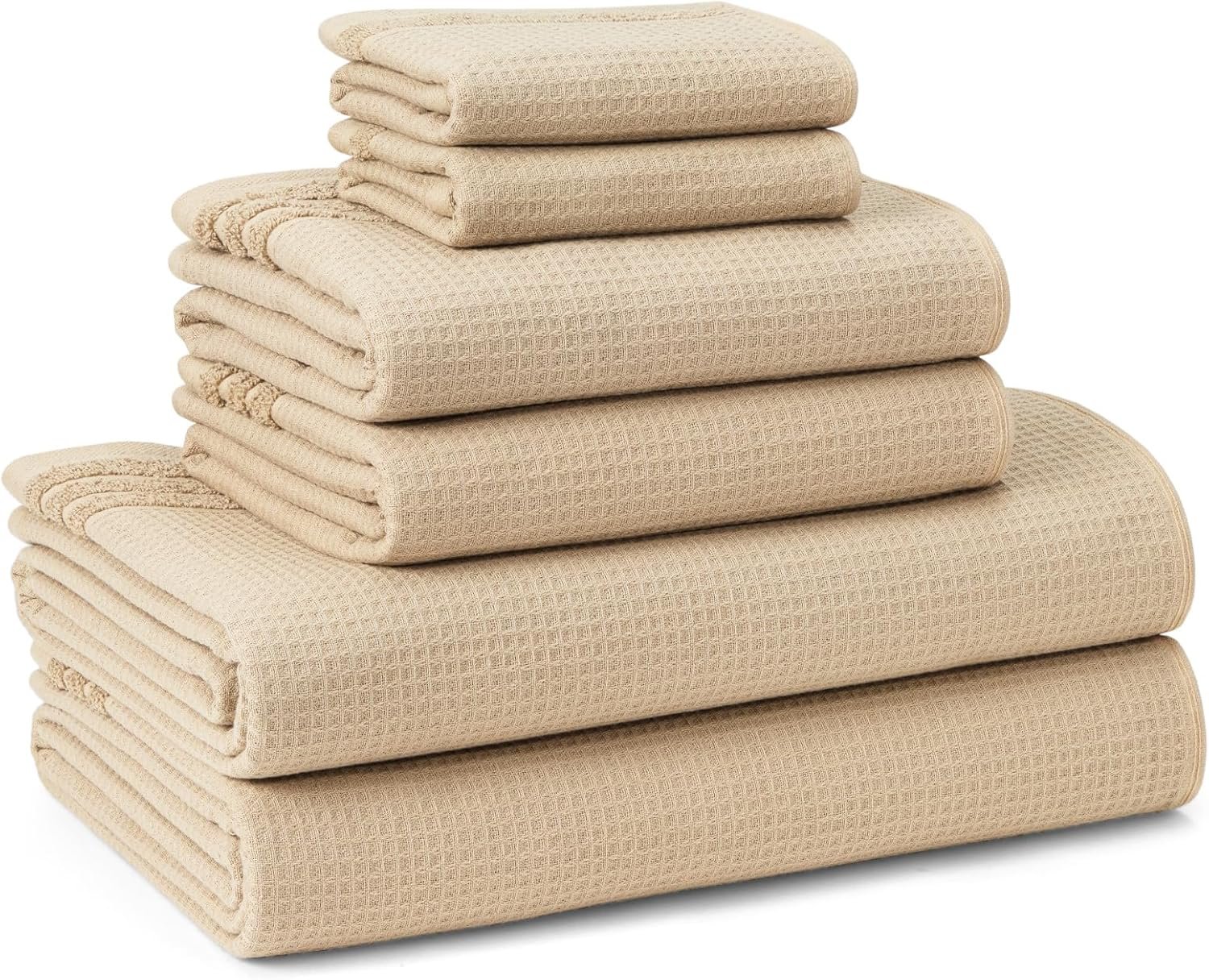 Town & Country Basics 6-Piece Assorted Waffle Woven Terry Stripe Set, 2 Bath Towel, 2 Hand Towel, 2 Washcloth, 100% Cotton, Quick Dry, Taupe