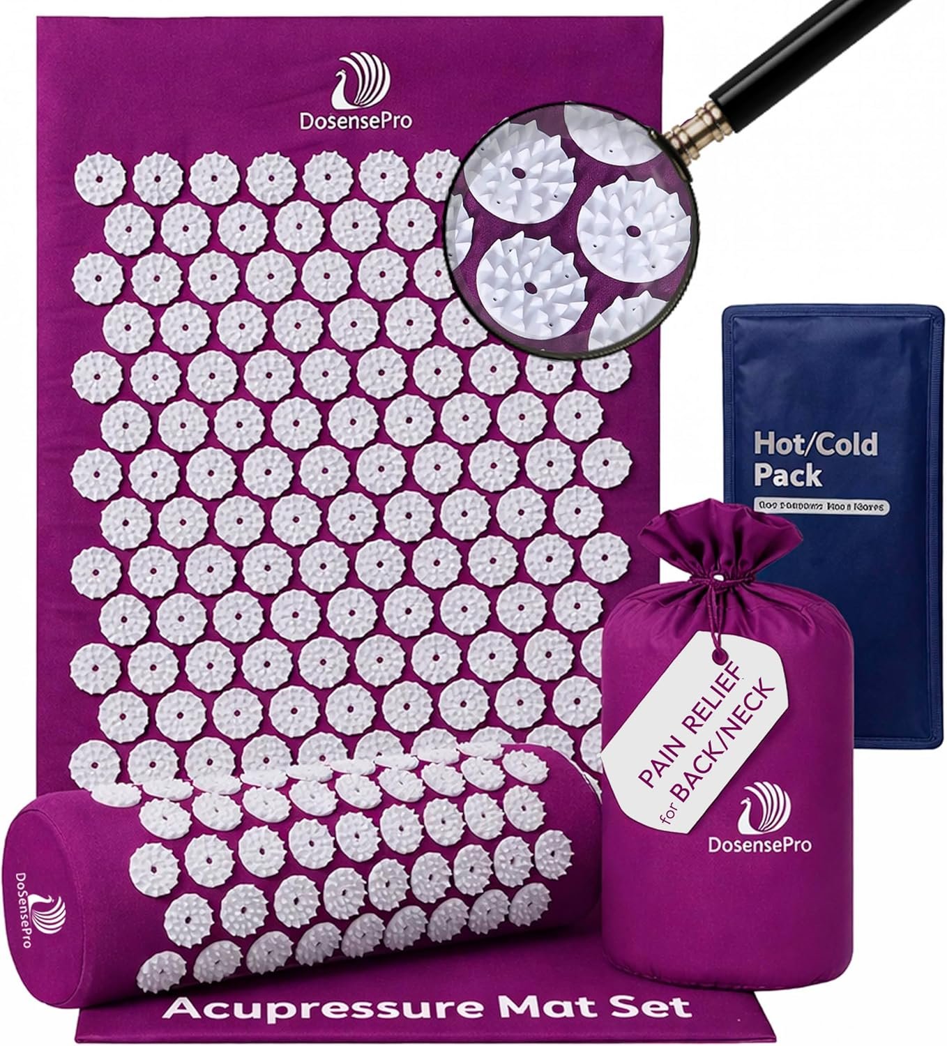 Acupressure Mat & Pillow Set – Extra-Long 29” Acupressure Therapy for Back & Neck Pain Relief, Sciatica, Stress Relief & Sleep Support Includes Carry Bag & Hot/Cold Pack (Purple)