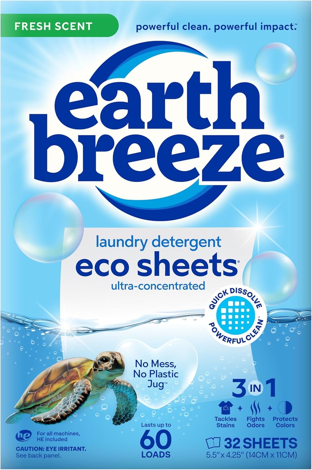 Earth Breeze Laundry Detergent Sheets Fresh Scent – 60 Loads Eco Liquidless Soap – Travel-Friendly for Hot & Cold Cycles, Tackles Tough Stains & Odors – Gentle on Skin, 30 Ct