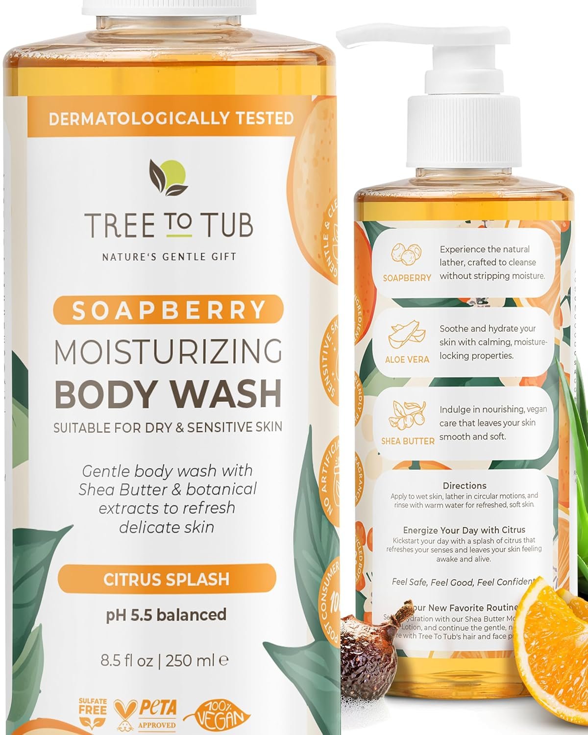 Tree To Tub Citrus Body Wash for Dry Skin & Sensitive Skin – pH Balanced Moisturizing Body Wash, Hydrating Sulfate Free Body Soap for Women & Men w/Organic Shea Butter, Aloe Vera, Natural Soapberry