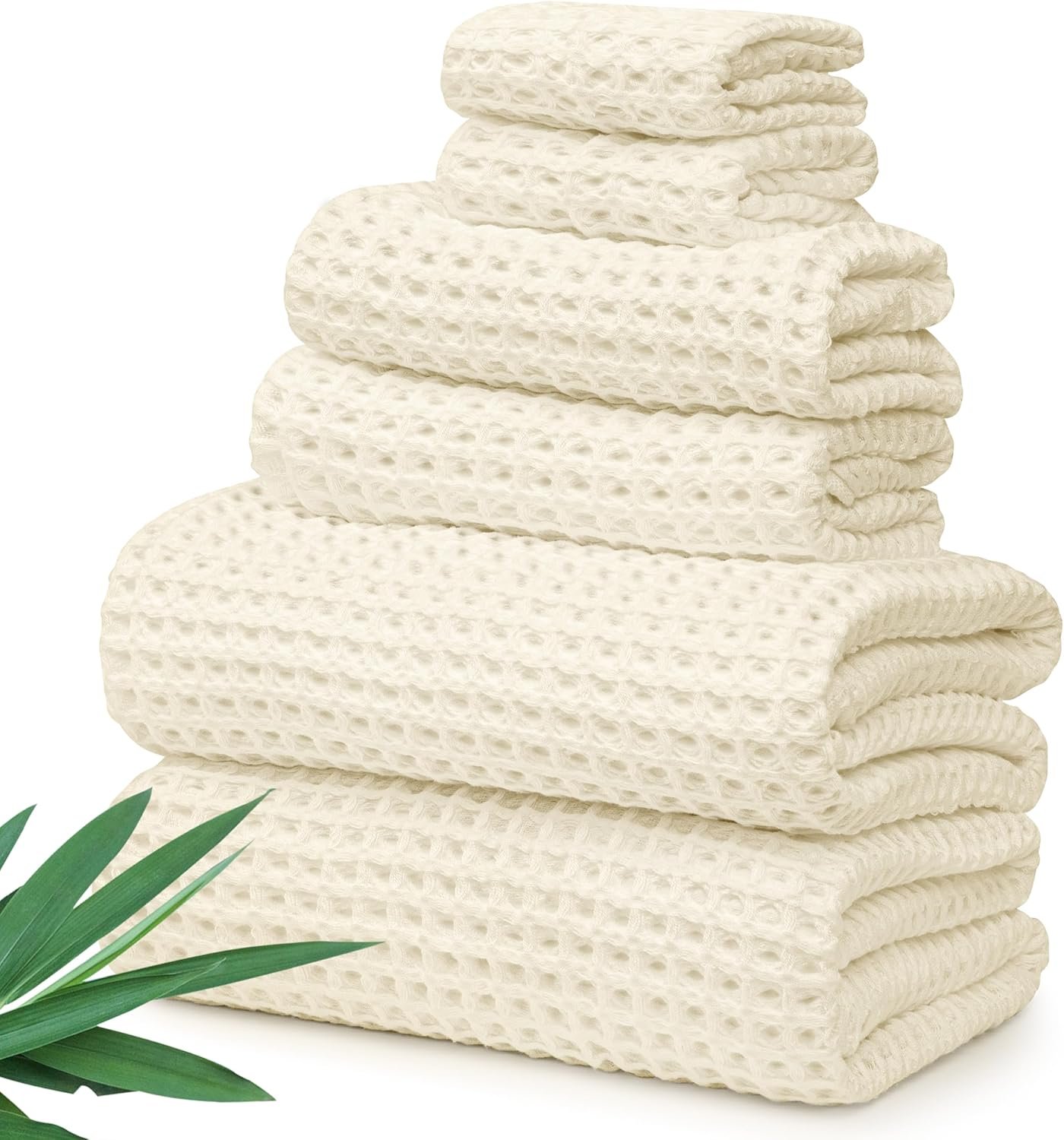 Alusa Home Ultra Soft Viscose from Bamboo Waffle Towels – Lightweight Bath Towel Set of 6 – Compact, Quick Dry & Lint Free (Papyrus)