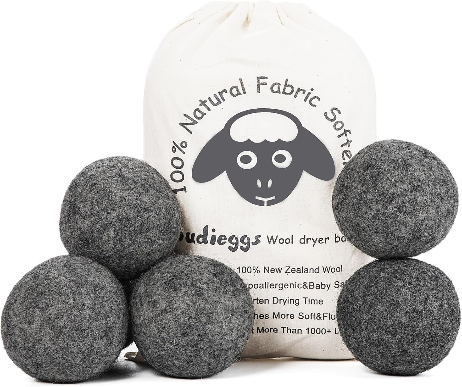 Budieggs Wool Dryer Balls Organic XL 6-Pack | 100% New Zealand Wool, Chemical-Free Natural Fabric Softener | Baby Safe, Hypoallergenic, Reduces Static & Drying Time | Lasts 1000+ Loads