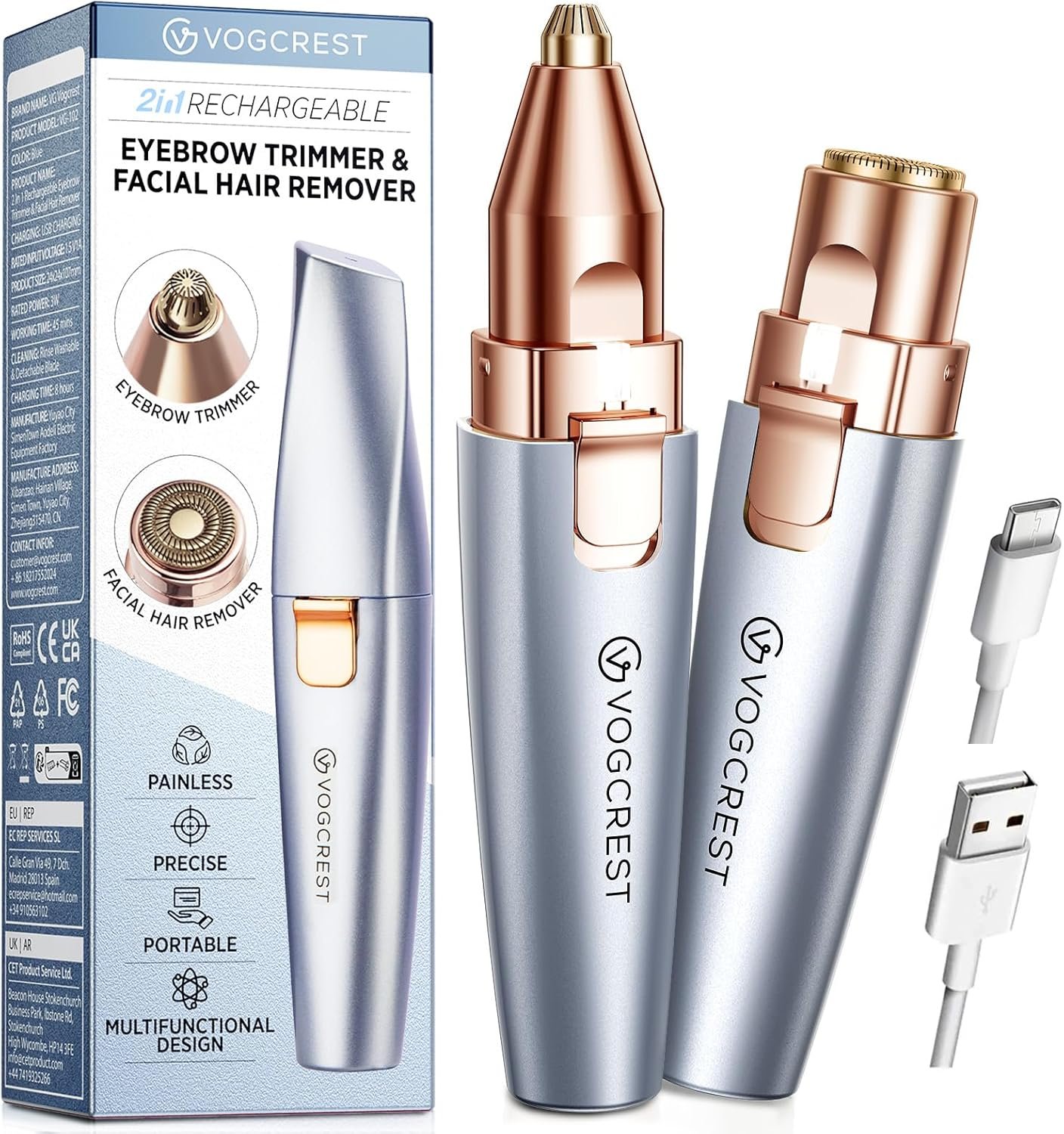 VG VOGCREST Eyebrow & Facial Trimmer: 2 in1 Rechargeable Facial Hair & Eyebrow Shaver – Painless LED Light (Sky Blue)