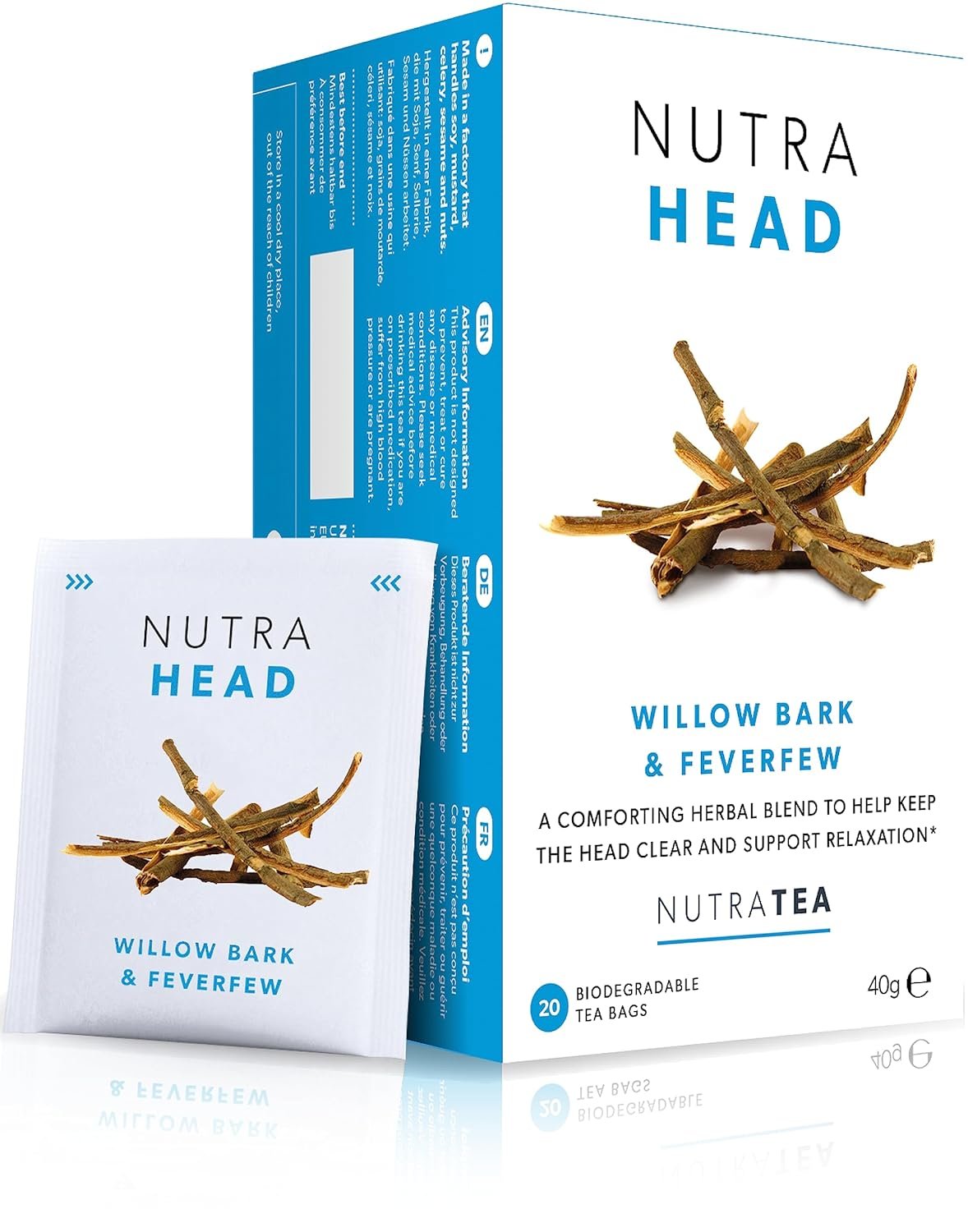 NUTRAHEAD – Migraine Relief Tea | Headache Relief Tea – For Migraine & Tension Headache Relief – Includes Feverfew, Willow Bark & Rhodiola – 20 Enveloped Tea Bags – by Nutra Tea – Herbal Tea