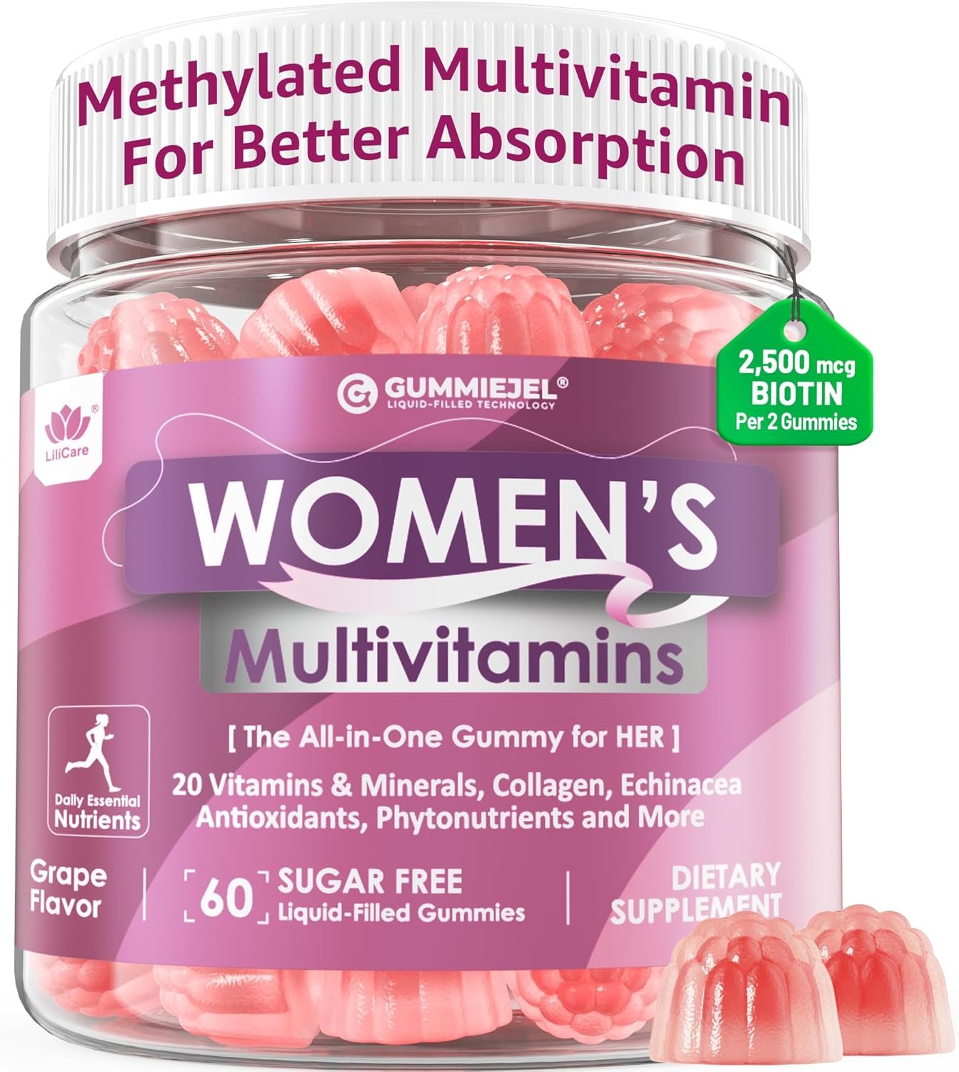 Womens Multivitamin Gummy, Methylated Multivitamin for Women, Biotin, Methylfolate, Iron, Collagen, Vitamins A C D, B Complex, Antioxidants for Women’s Daily Support, Beauty, Immune, No Sugar, 60 Cts