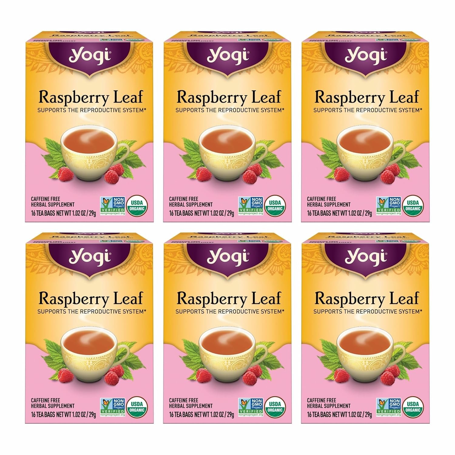Yogi Tea Raspberry Leaf Tea – 16 Tea Bags per Pack (6 Packs) – Supports Women’s Health, Healthy Pregnancy, and Menstrual Cycles – Caffeine-Free Herbal Tea – Made from Organic Raspberry Leaves