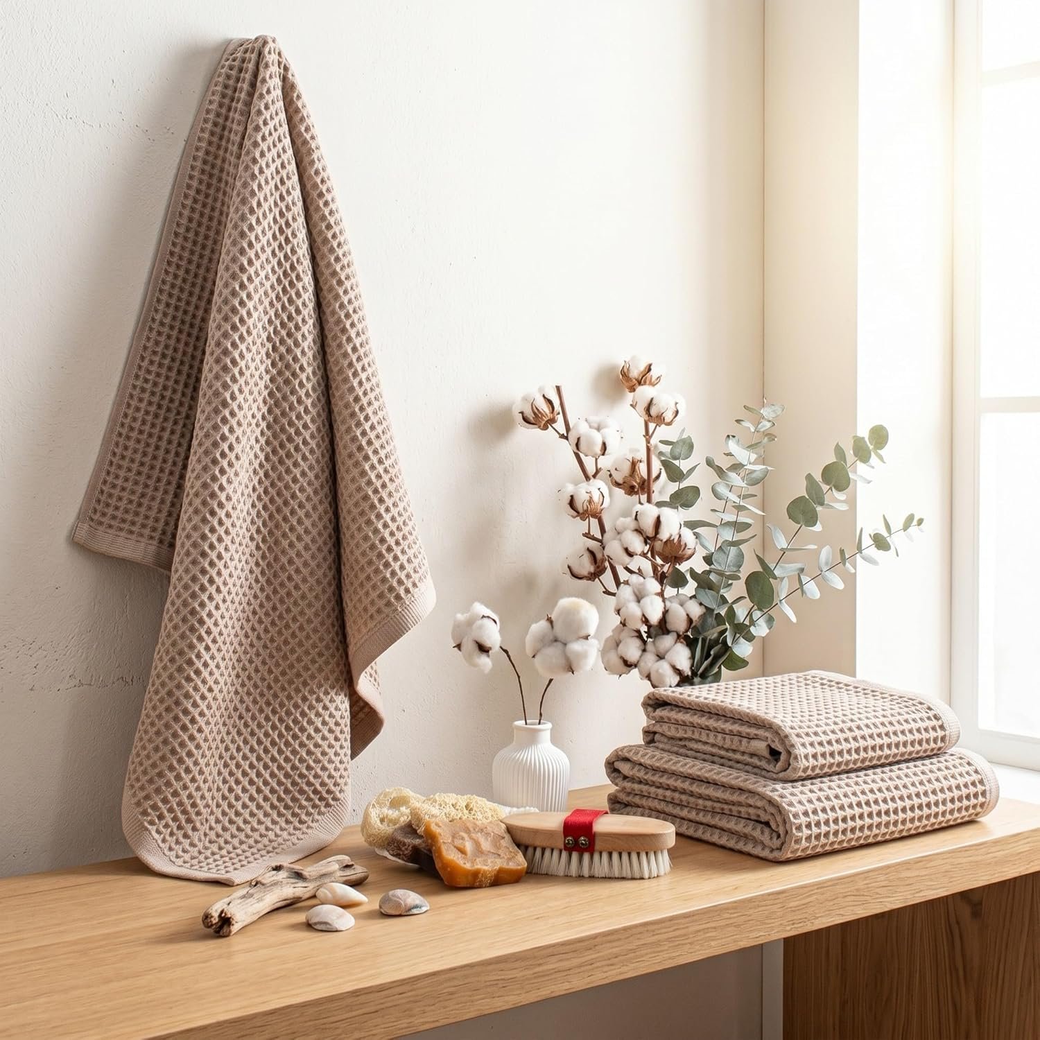 Waffle Bath Towels for Bathroom – Premium, Ultra Soft, Turkish Cotton Bath Towel Set of 2-1 Waffle Hand, 1 Waffle Bath Towels – Absorbent, Lightweight Travel Towels Sets (Beige)
