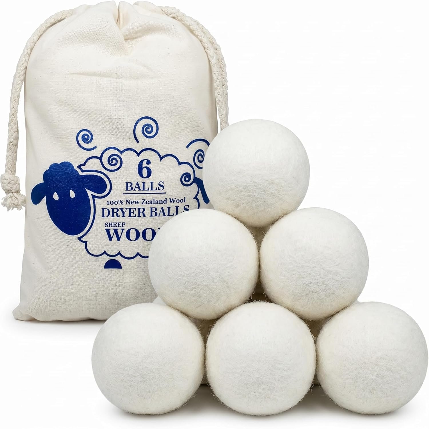 XL Wool Dryer Balls (6-Pack) – 100% Organic New Zealand Wool Laundry Balls for Dryer – Natural Fabric Softener & Reusable Anti Static Solution to Reduce Wrinkles & Shorten Drying Time