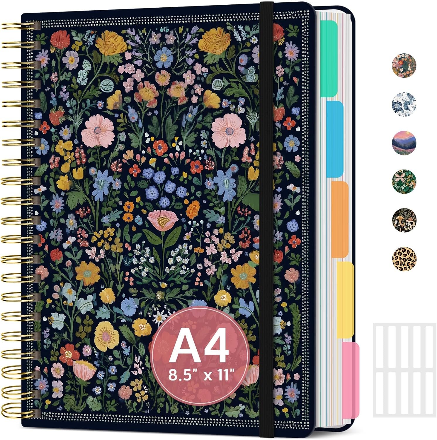 Large Lined Spiral Journal for Women Cute Hardcover 5 Subject Notebook for Work 8.5″ x 11″ with Removable Dividers & Tabs, College Ruled, 280 Pages Aesthetic Journal for Work, School & Note Taking, Garden of Whimsy