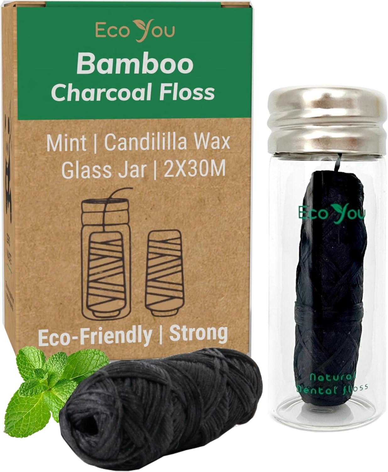 Charcoal Bamboo Floss | 2 Natural Floss Refill with Glass Container | Organic Mint & Candelilla Wax | Vegan & Biodegradable