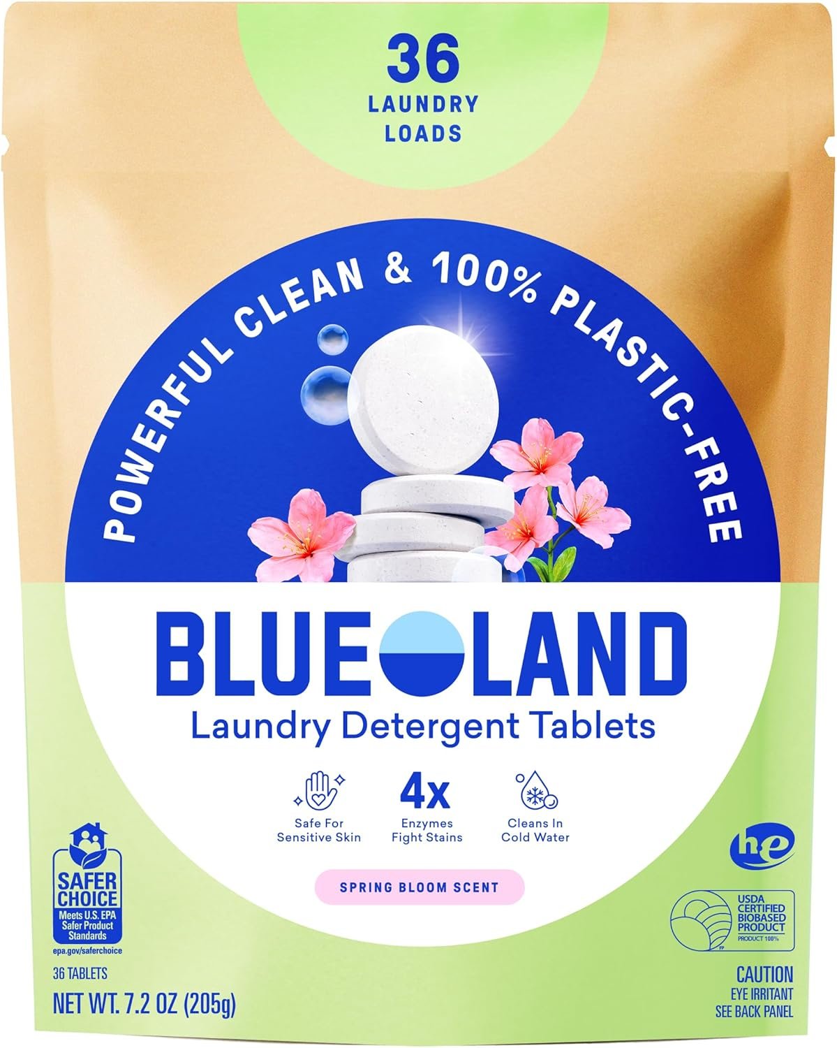 BLUELAND Laundry Detergent Tablets, 36 Count, Spring Bloom Scent, Plastic-Free Eco-Friendly Pods, Sheets, Liquid Alternative – Safe for Sensitive Skin, Gentle