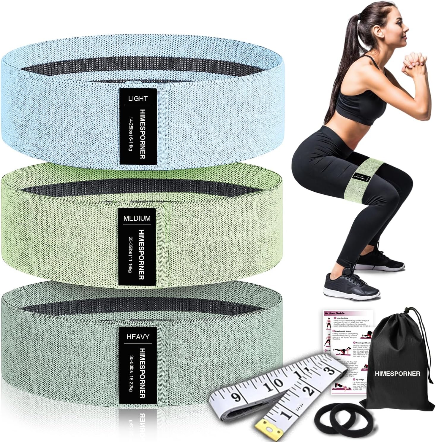 HIMESPORNER Wide Fabric Resistance Bands for Working Out, 3 Level Non-Slip Exercise Booty Bands for Women & Men Leg and Glutes with Hair Ties and Tape Measure – for Home Gym Workout, Yoga, Pilates