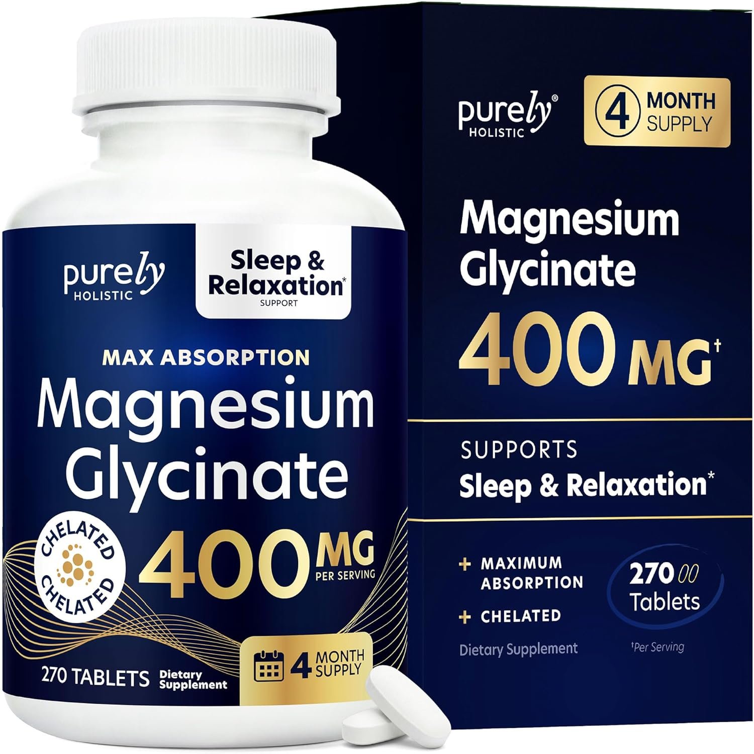 Magnesium Glycinate 400mg | 4+ Month Supply | Sleep, Relaxation & Muscle Support | High Absorption Chelated Magnesium Supplement for Women & Men | Gentle on Digestion | Vegan | 270 Tablets