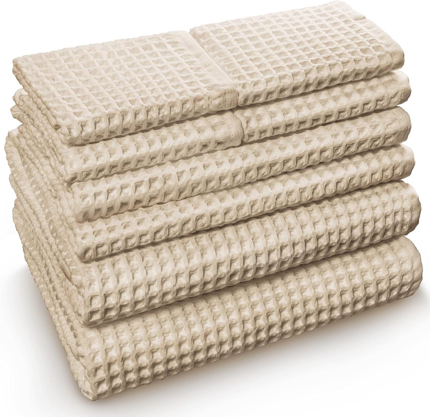 Softerry European Waffle Weave Bath Towel Set of 8-100% Organic Cotton – Quick Dry Lint Free Thin and Absorbent – Fade Resistant – Eco-Friendly (Natural)