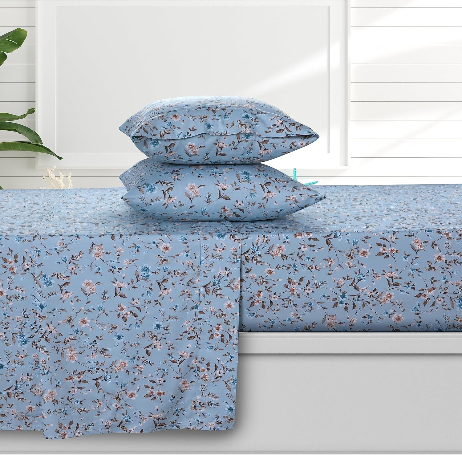 AZORES HOME Queen Organic Cotton Sateen Sheet Set – Deep Pocket, 300 Thread Count, 4-Piece Luxury Bedding, Carolina Blue
