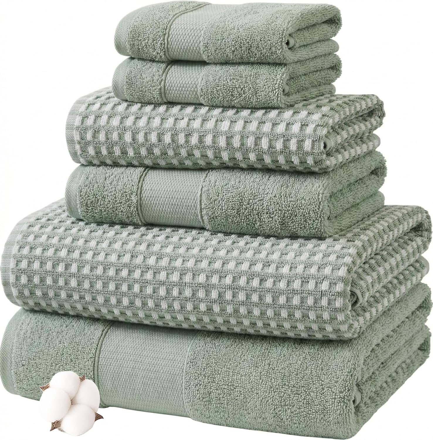 Modern Threads 6 Piece Cotton Bath Towel Set – Ultra Soft 600 GSM Towels – Bathroom Set with Hand Towels and Washcloths – Waffle (Deep Sage)