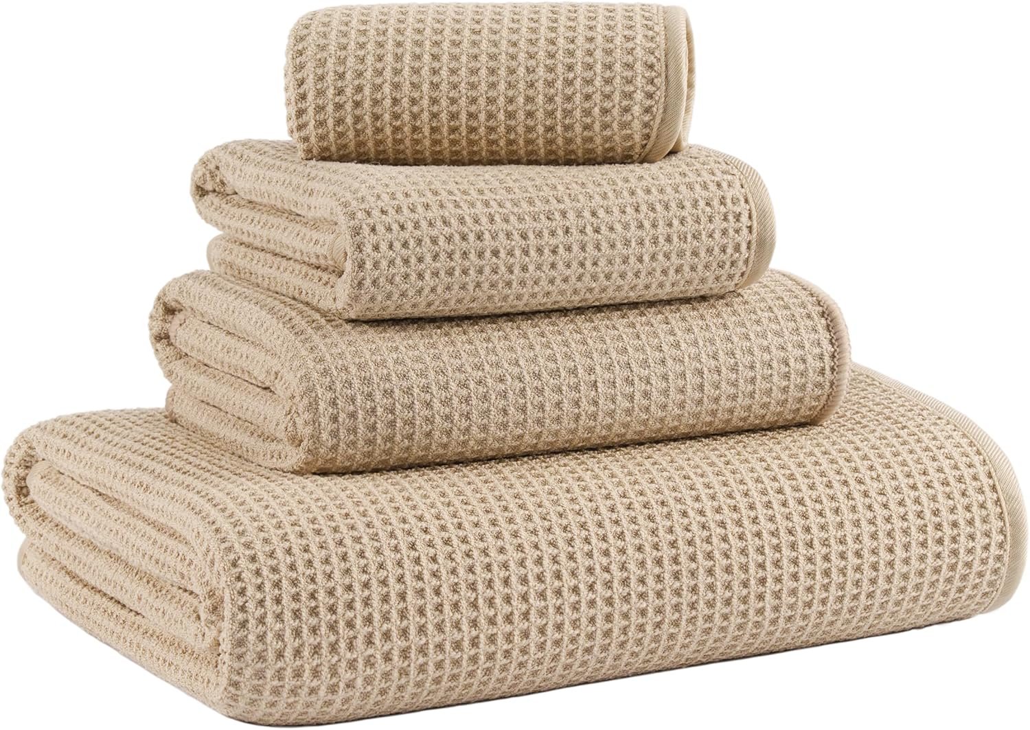 MICROFI Waffle Weave Bath Towel Set, Microfiber, 4 Pieces (Body/Hair/Hand/Face), Quick Dry, Lightweight, Super Absorbent, Lint Free, 380 GSM (Beige)