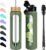FULBEVY 32 oz Glass Water Bottles – 1 Liter Motivational Tumbler With Time Marker – Borosilicate Glass With Silicone Sleeve and 2 Lids, Handle Spout & Bamboo Straw Lid