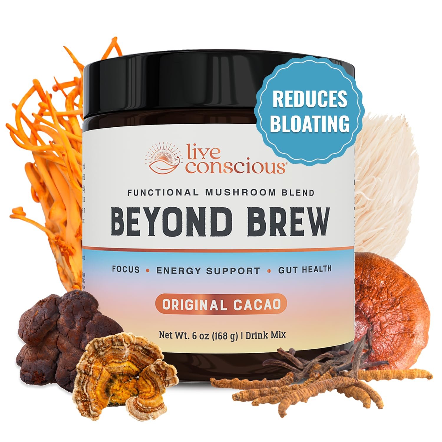 Live Conscious Beyond Brew – Coffee Alternative – Low Caffeine – Mushroom Complex w/Lion’s Mane, Reishi, Cordyceps & Chaga for Sustained Focus, Energy & Immunity – w/Prebiotics & Probiotics – 30