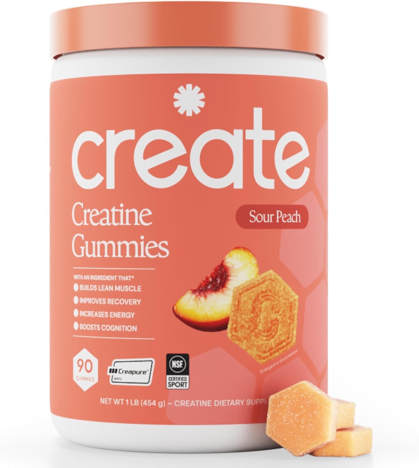Create Creatine Monohydrate Gummies for Men & Women, Boost Focus, Strength, and Endurance, Anti-Melting Formula, Vegan, Gluten-Free, Non-GMO, 1.5g of Creatine per Gummy (Sour Peach)