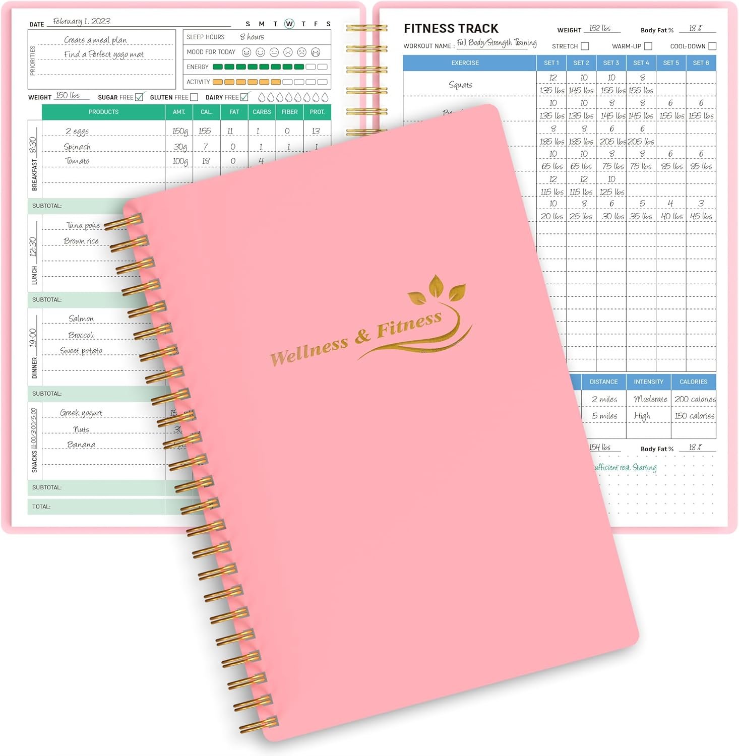 Wellness Planner & Fitness Log – Daily Diet & Health Journal with Weight Loss, Wellness Journal Notebook for Tracking Fitness, Sleep, Nutrition, Meal, Habits, A5(5.8 x 8.6 inch) (Pink)