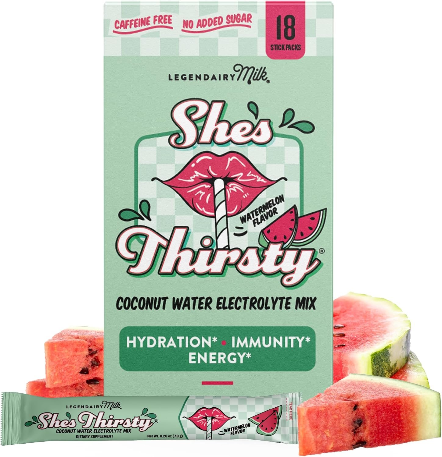 Legendairy Milk She’s Thirsty Watermelon, No Sugar Added Electrolytes Powder Packets–Coconut Water Mix for Women, Instant Hydration Packets, Immune Support, Pregnancy Safe, 18 Ct